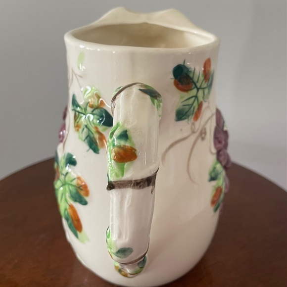 Vintage ceramic pitcher with raised purple grapes and green leaves, Pitcher - Picture 4 of 6